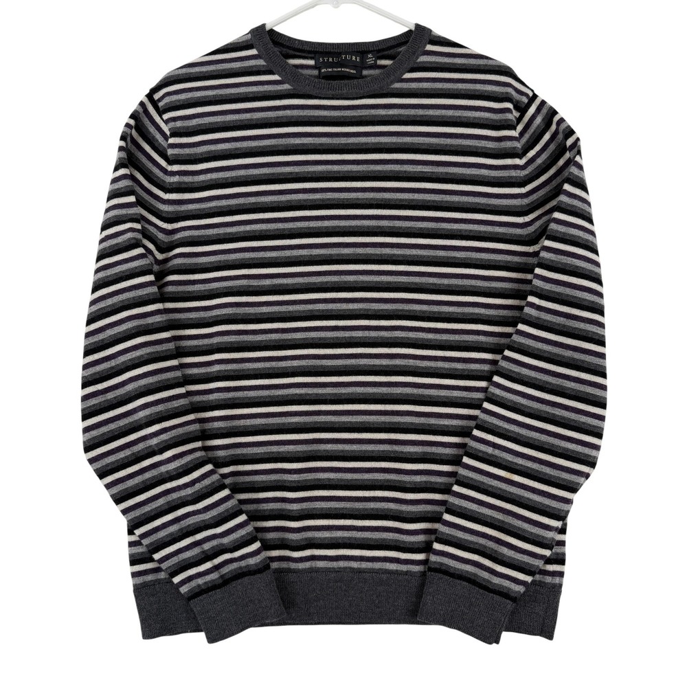 VINTAGE Structure Sweater Mens XL Gray 100% Merino Wool Crewneck Striped Knit